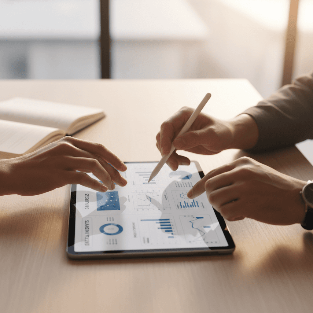 Professional reviewing medical equipment specifications on tablet