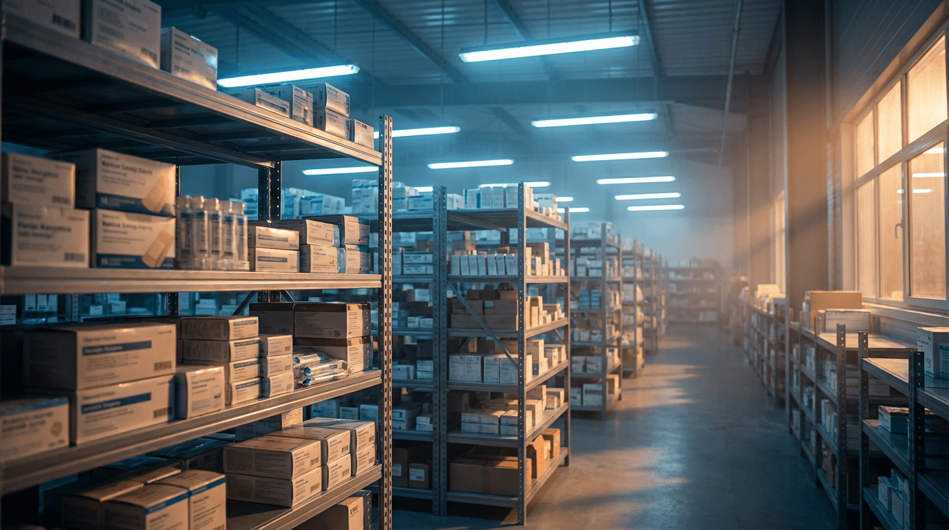 Medical equipment warehouse inventory organized for global distribution